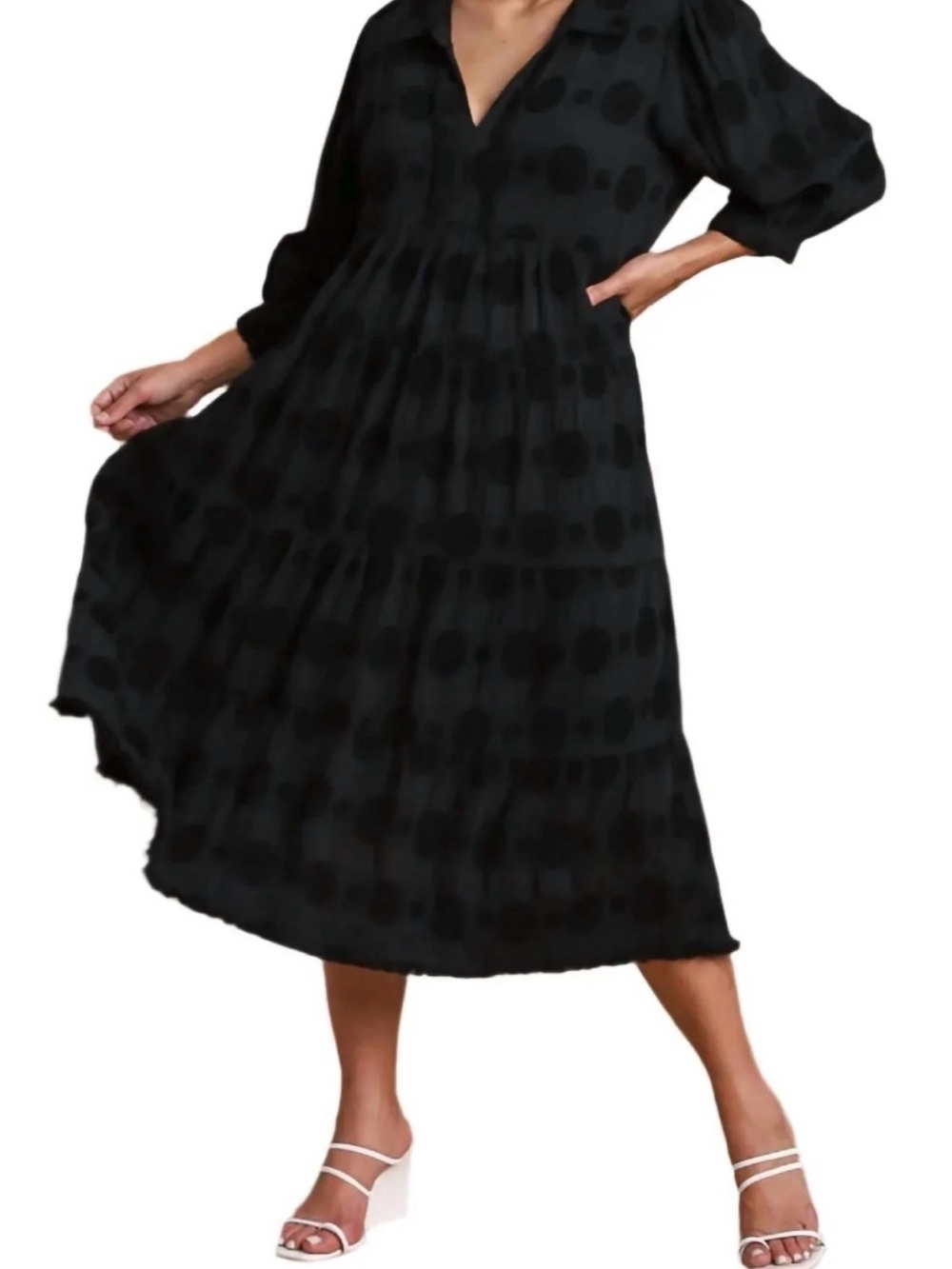 Umgee Black Polka Dot Tiered Midi Dress